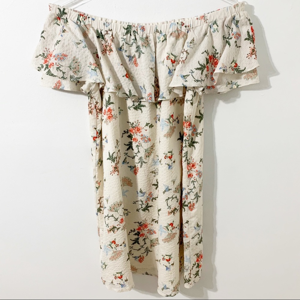 Anthropologie Floral Off-Shoulder Midi Dress - Cream and Red